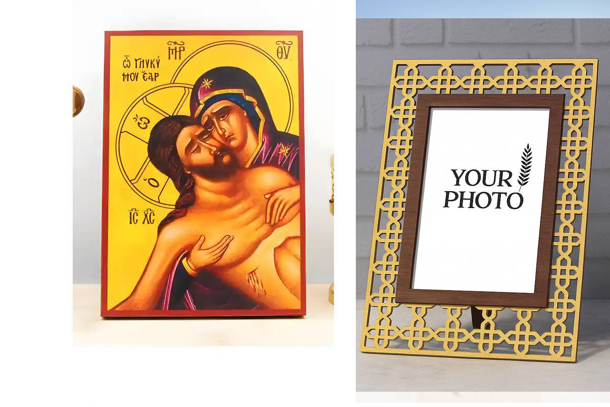 Σετ 2 τεμαχίων – Εικόνα Ορθοδοξίας Πολυτελείας  με  σχεδιο Σταυρούς μαζι με  Βάση σε  8 χρώματα με περίγραμμα χρυσό σε ξύλο Plywood (Πλακάζ)   με  βάση Εξαιρετική Ταπεινοφροσύνη του Ιησού Χριστού «Άνθρωπος των Θλίψεων» με την Παναγία, Ξύλινη Χειροποίητη Ε