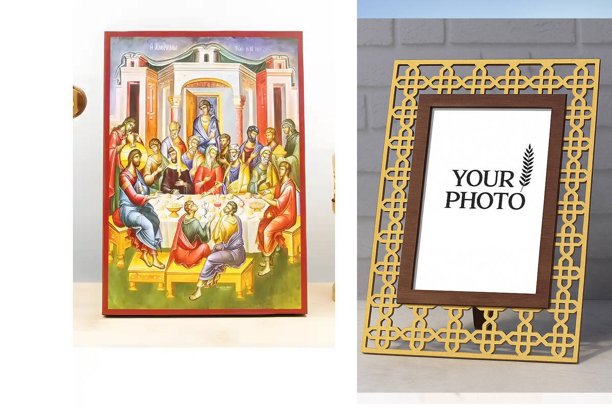 Σετ 2 τεμαχίων – Εικόνα Ορθοδοξίας Πολυτελείας  με  σχεδιο Σταυρούς μαζι με  Βάση σε  8 χρώματα με περίγραμμα χρυσό σε ξύλο Plywood (Πλακάζ)   με  βάση Ιησούς Χριστός Χρισμένος από την Αμαρτωλή Γυναίκα, Ξύλινη Χειροποίητη Εικόνα Ελληνικού Βυζαντινού Στυλ