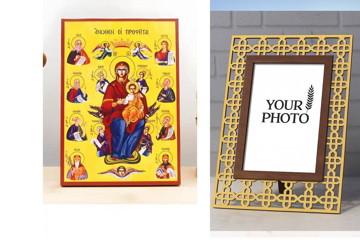 Σετ 2 τεμαχίων – Εικόνα Ορθοδοξίας Πολυτελείας  με  σχεδιο Σταυρούς μαζι με  Βάση σε  8 χρώματα με περίγραμμα χρυσό σε ξύλο Plywood (Πλακάζ)   με  βάση Η Παναγία με τον Ιησού τους Προφήτες από πάνω, Ξύλινη Χειροποίητη Εικόνα Ελληνικού Premium Βυζαντινού Σ