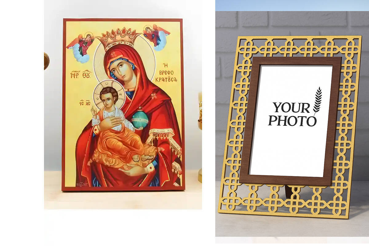 Σετ 2 τεμαχίων – Εικόνα Ορθοδοξίας Πολυτελείας  με  σχεδιο Σταυρούς μαζι με  Βάση σε  8 χρώματα με περίγραμμα χρυσό σε ξύλο Plywood (Πλακάζ)   με  βάση Η Παναγία Βρεφοκρατούσα «Βρεφοκρατούσα» με τον Ιησού, Ξύλινη Χειροποίητη Εικόνα Ελληνικής Ακριβούς Βυζα