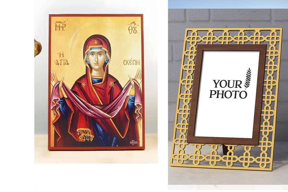 Σετ 2 τεμαχίων – Εικόνα Ορθοδοξίας Πολυτελείας  με  σχεδιο Σταυρούς μαζι με  Βάση σε  8 χρώματα με περίγραμμα χρυσό σε ξύλο Plywood (Πλακάζ)   με  βάση Παναγία Ιερά Σκήπη, Ξύλινη Χειροποίητη Εικόνα Ελληνικού Βυζαντινού Στυλ Κρεμαστή σε ξύλινη πλάκα Θρησκε