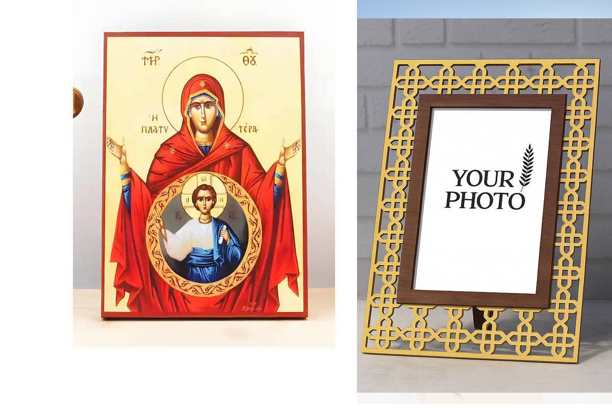 Σετ 2 τεμαχίων – Εικόνα Ορθοδοξίας Πολυτελείας  με  σχεδιο Σταυρούς μαζι με  Βάση σε  8 χρώματα με περίγραμμα χρυσό σε ξύλο Plywood (Πλακάζ)   με  βάση Παναγία με τον Ιησού Πιο ευρύχωρο κι από τους ουρανούς «Πλατυτέρα», Ξύλινη Χειροποίητη Εικόνα Ελληνικής