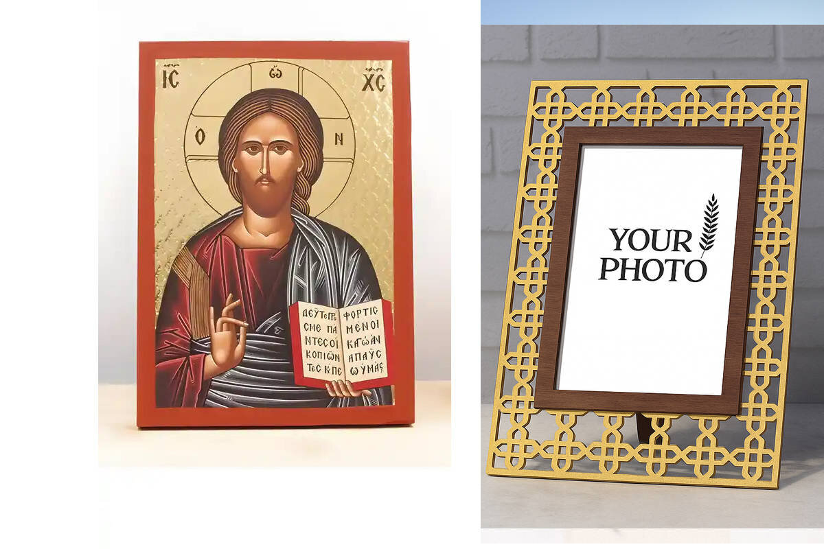 Σετ 2 τεμαχίων – Εικόνα Ορθοδοξίας Πολυτελείας  με  σχεδιο Σταυρούς μαζι με  Βάση σε  8 χρώματα με περίγραμμα χρυσό σε ξύλο Plywood (Πλακάζ)   με  βάση Ευλογία Ιησού Χριστού, Ξύλινη Χειροποίητη Εικόνα με Χαρακτική Ελληνική Βυζαντινού Στυλ σε Ξύλινη πλάκα