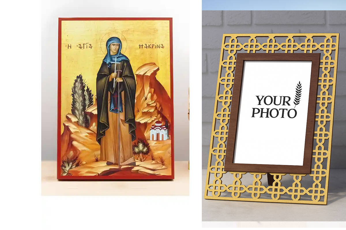 Σετ 2 τεμαχίων – Εικόνα Ορθοδοξίας Πολυτελείας  με  σχεδιο Σταυρούς μαζι με  Βάση σε  8 χρώματα με περίγραμμα χρυσό σε ξύλο Plywood (Πλακάζ)   με  βάση Η Αγία Μακρίνα η Νεότερη, Ξύλινη Χειροποίητη Εικόνα Ελληνικού Premium Βυζαντινού Στυλ Κρεμασμένη σε ξύλ