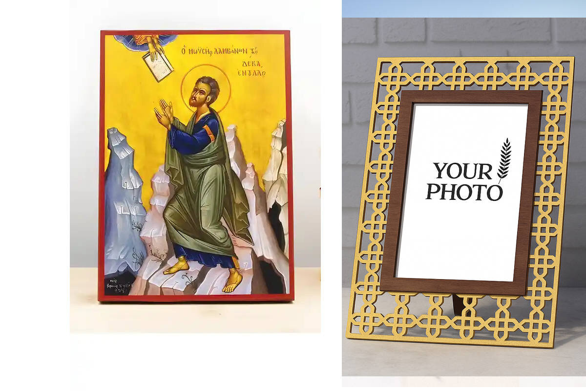 Σετ 2 τεμαχίων – Εικόνα Ορθοδοξίας Πολυτελείας  με  σχεδιο Σταυρούς μαζι με  Βάση σε  8 χρώματα με περίγραμμα χρυσό σε ξύλο Plywood (Πλακάζ)   με  βάση Ο Μωυσής λαμβάνει τις Δέκα Εντολές, Ξύλινη Χειροποίητη Εικόνα Ελληνικού Βυζαντινού Στυλ τοίχου Κρεμασμέ