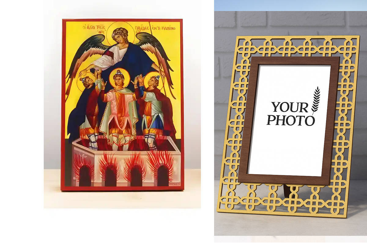 Εικόνα Ορθοδοξίας Πολυτελείας  με  σχεδιο Σταυρούς μαζι με  Βάση σε  8 χρώματα με περίγραμμα χρυσό σε ξύλο Plywood (Πλακάζ)   με  βάση The Three Childrens in Camino “Abdenago, Shadrach and Misach”, Ξύλινη Χειροποίητη Εικόνα Ελληνικού Premium Βυζαντινού Στ