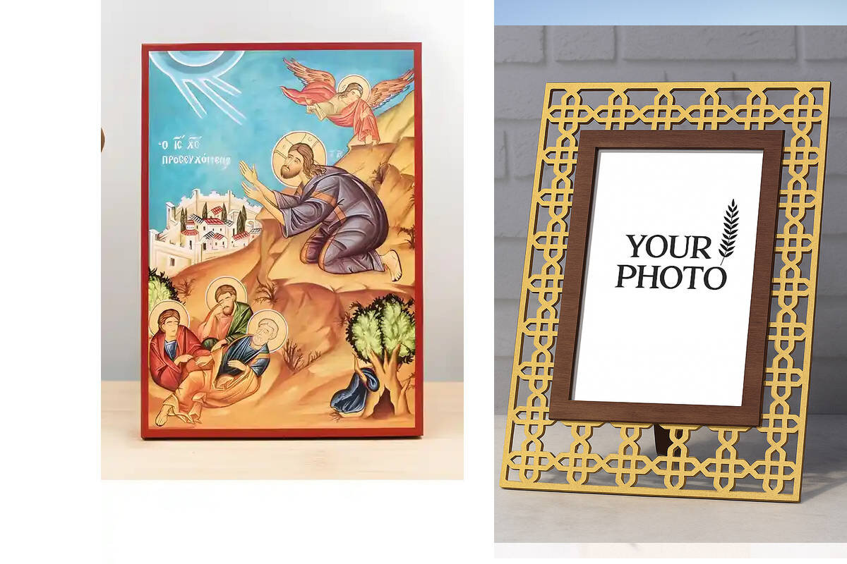 Σετ 2 τεμαχίων – Εικόνα Ορθοδοξίας Πολυτελείας  με  σχεδιο Σταυρούς μαζι με  Βάση σε  8 χρώματα με περίγραμμα χρυσό σε ξύλο Plywood (Πλακάζ)   με  βάση Ο Ιησούς Χριστός προσεύχεται στην Αντιπροσωπεία της Γεθσημανής, Ξύλινη Χειροποίητη Εικόνα Ελληνικού Pre