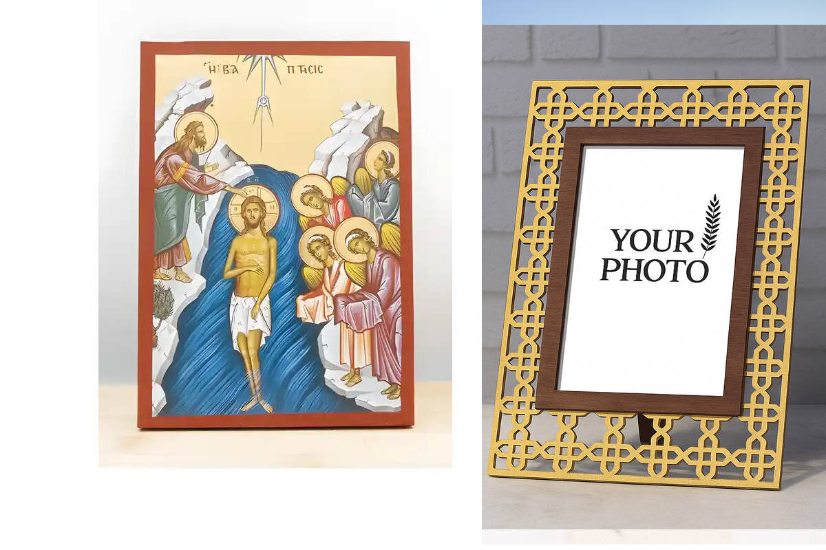 Σετ 2 τεμαχίων – Εικόνα Ορθοδοξίας Πολυτελείας  με  σχεδιο Σταυρούς μαζι με  Βάση σε  8 χρώματα με περίγραμμα χρυσό σε ξύλο Plywood (Πλακάζ)   με  βάση Η Βάπτιση του Ιησού Χριστού, Ξύλινη Χειροποίητη Εικόνα με Αλουμινόχαρτο Ελληνικού Premium Βυζαντινού Στ