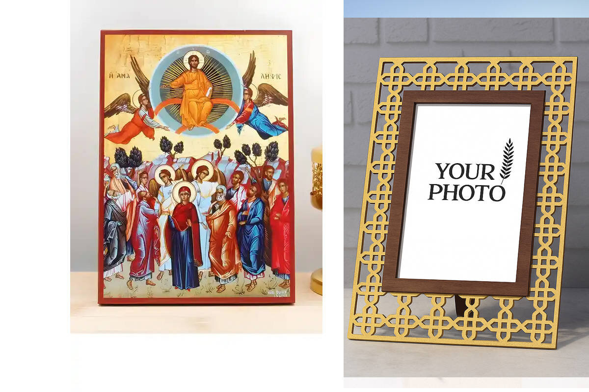 Σετ 2 τεμαχίων – Εικόνα Ορθοδοξίας Πολυτελείας  με  σχεδιο Σταυρούς μαζι με  Βάση σε  8 χρώματα με περίγραμμα χρυσό σε ξύλο Plywood (Πλακάζ)   με  βάση Η Ανάληψη του Ιησού Χριστού στον Ουρανό, Ξύλινη Χειροποίητη Εικόνα Ελληνικού Premium Βυζαντινού Στυλ Κρ