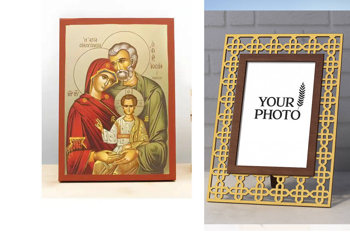 Σετ 2 τεμαχίων – Εικόνα Ορθοδοξίας Πολυτελείας  με  σχεδιο Σταυρούς μαζι με  Βάση σε  8 χρώματα με περίγραμμα χρυσό σε ξύλο Plywood (Πλακάζ)   με  βάση Αγία Αγία Οικογένεια, Ξύλινη Χειροποίητη Εικόνα με Ψηφιακή Εκτύπωση Ελληνικό Premium Βυζαντινού Στυλ Κρ