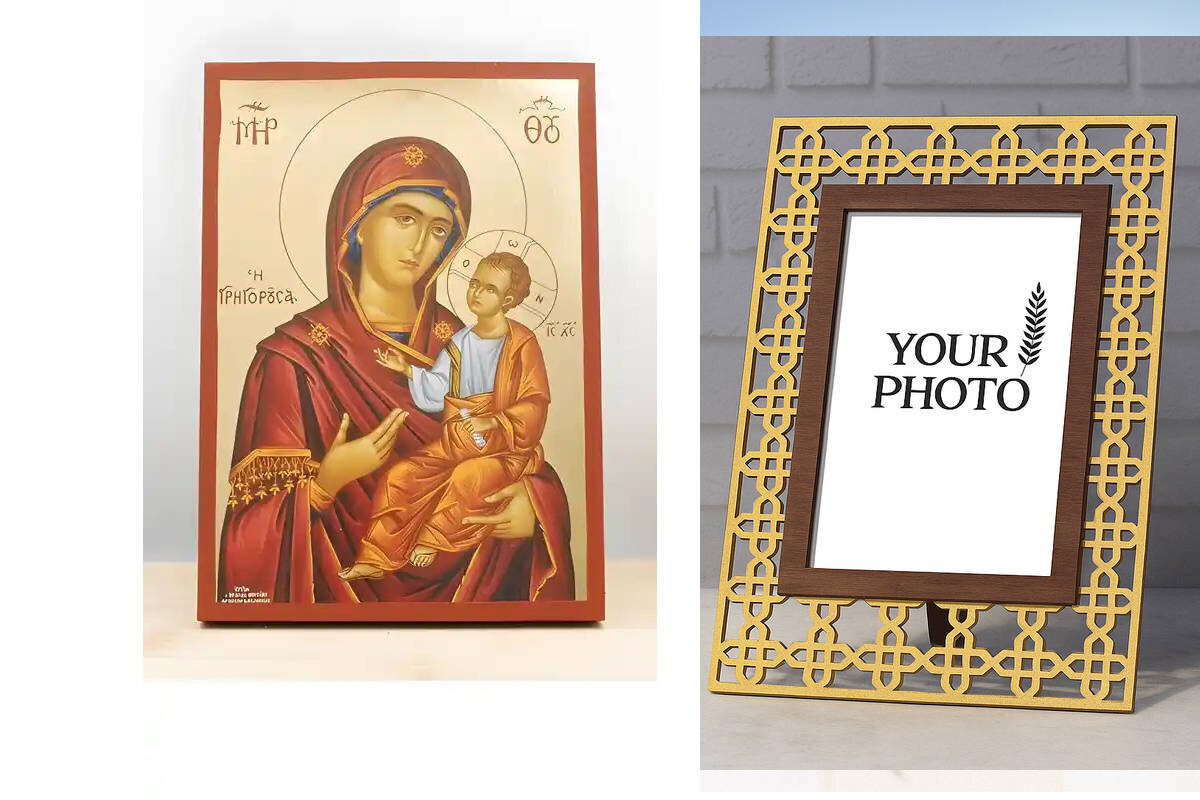 Σετ 2 τεμαχίων – Εικόνα Ορθοδοξίας Πολυτελείας  με  σχεδιο Σταυρούς μαζι με  Βάση σε  8 χρώματα με περίγραμμα χρυσό σε ξύλο Plywood (Πλακάζ)   με  βάση Παναγία Οδηγήτρια "Γρηγορούσα" με τον Ιησού, Ξύλινη Χειροποίητη Εικόνα με Αλουμινόχαρτο Ελληνικής Βυζαν