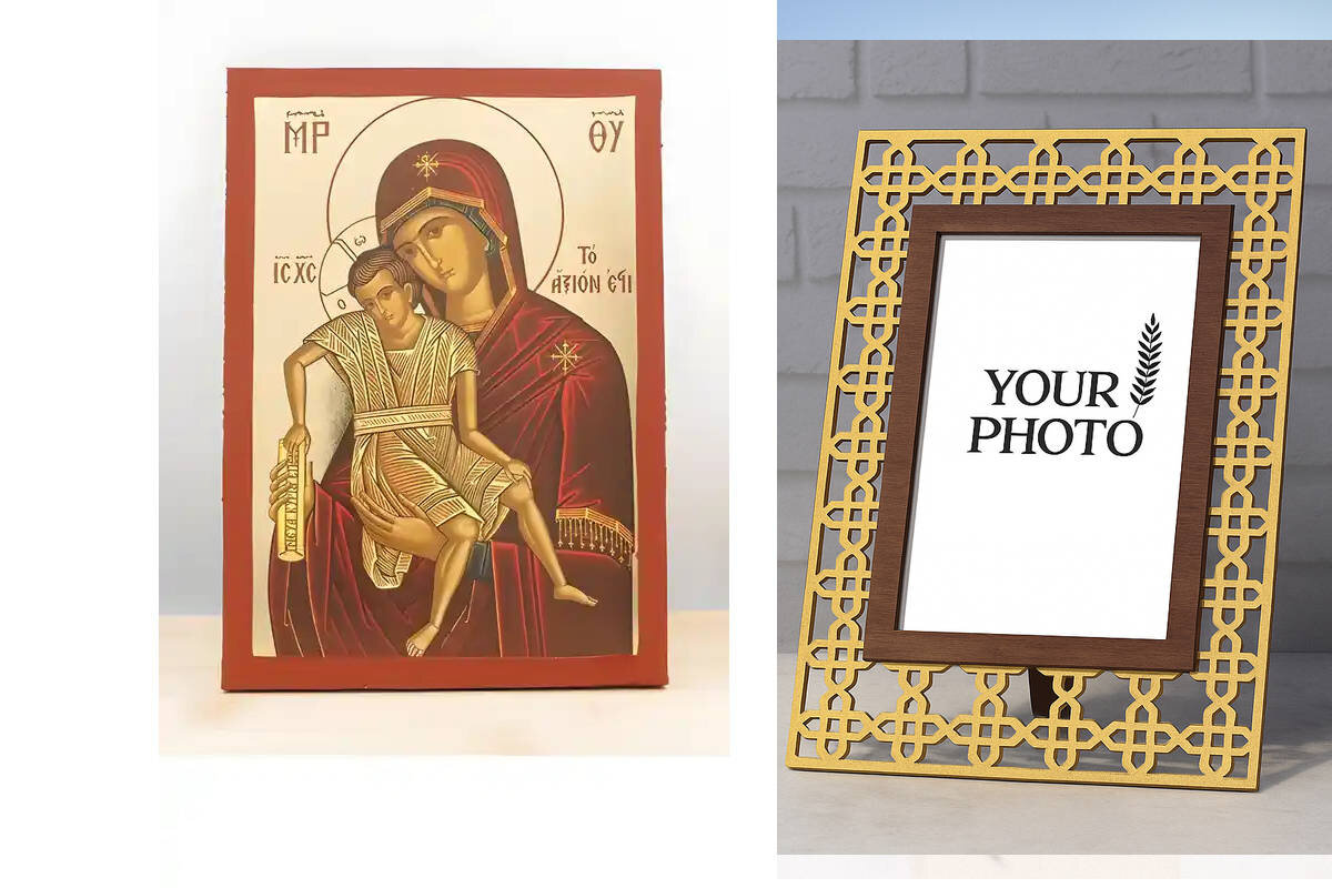 Σετ 2 τεμαχίων – Εικόνα Ορθοδοξίας Πολυτελείας  με  σχεδιο Σταυρούς μαζι με  Βάση σε  8 χρώματα με περίγραμμα χρυσό σε ξύλο Plywood (Πλακάζ)   με  βάση Παναγία Άξιον Εστί με τον Ιησού, Ξύλινη Χειροποίητη Εικόνα με Ψηφιακή Εκτύπωση Ελληνικό Premium Βυζαντι