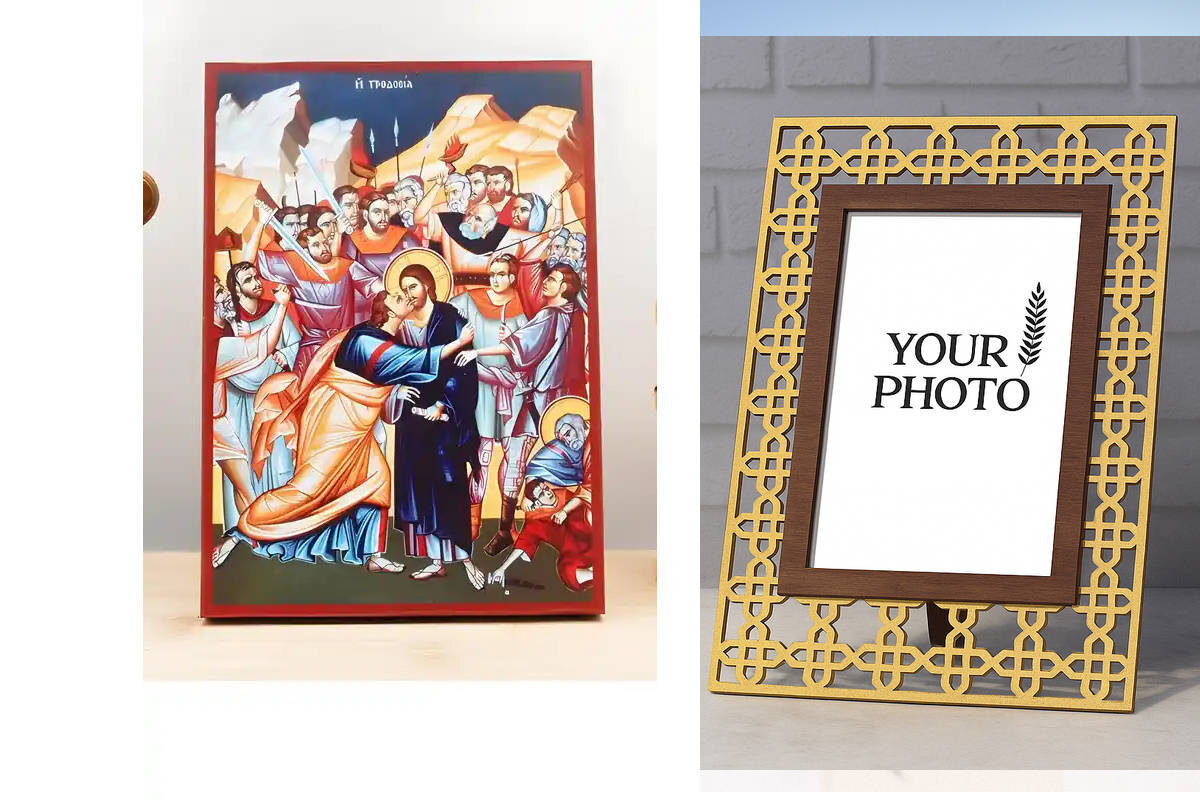 Σετ 2 τεμαχίων – Εικόνα Ορθοδοξίας Πολυτελείας  με  σχεδιο Σταυρούς μαζι με  Βάση σε  8 χρώματα με περίγραμμα χρυσό σε ξύλο Plywood (Πλακάζ)   με  βάση Η Προδοσία του Ιησού Χριστού με τους Αποστόλους, Ξύλινη Χειροποίητη Εικόνα Ελληνικού Premium Βυζαντινού