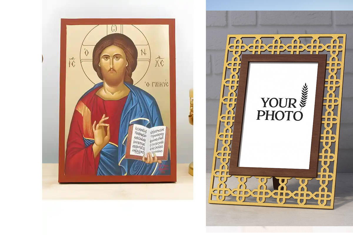 Σετ 2 τεμαχίων – Εικόνα Ορθοδοξίας Πολυτελείας  με  σχεδιο Σταυρούς μαζι με  Βάση σε  8 χρώματα με περίγραμμα χρυσό σε ξύλο Plywood (Πλακάζ)   με  βάση Ο Ιησούς Χριστός Ευλογεί «το Γλυκό», Ξύλινη Χειροποίητη Εικόνα με Ψηφιακή Εκτύπωση Ελληνικό Premium Βυζ