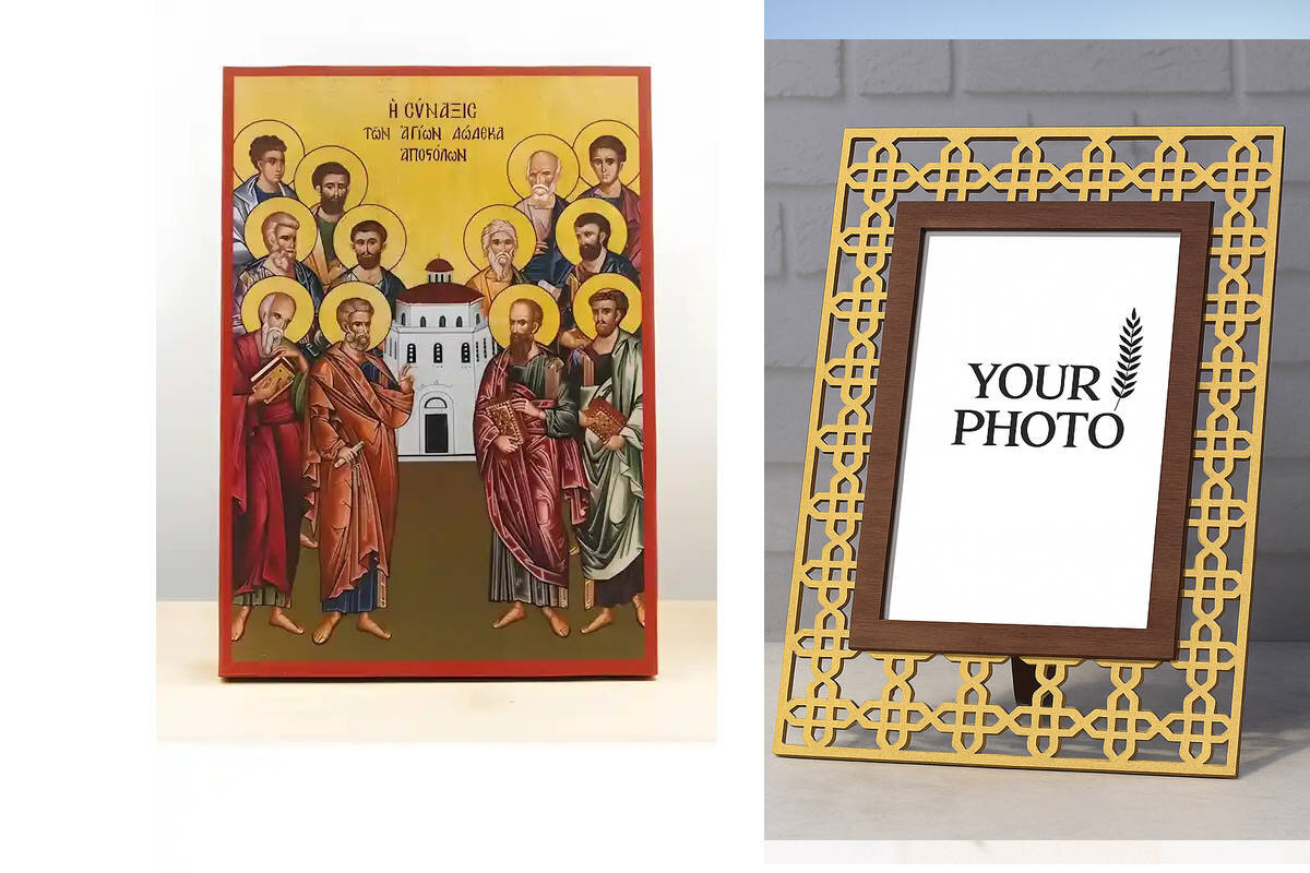 Σετ 2 τεμαχίων – Εικόνα Ορθοδοξίας Πολυτελείας  με  σχεδιο Σταυρούς μαζι με  Βάση σε  8 χρώματα με περίγραμμα χρυσό σε ξύλο Plywood (Πλακάζ)   με  βάση Σύναξη των Δώδεκα Αποστόλων, Ξύλινη Χειροποίητη Εικόνα Ελληνικού Premium Βυζαντινού Στυλ Κρεμασμένο σε