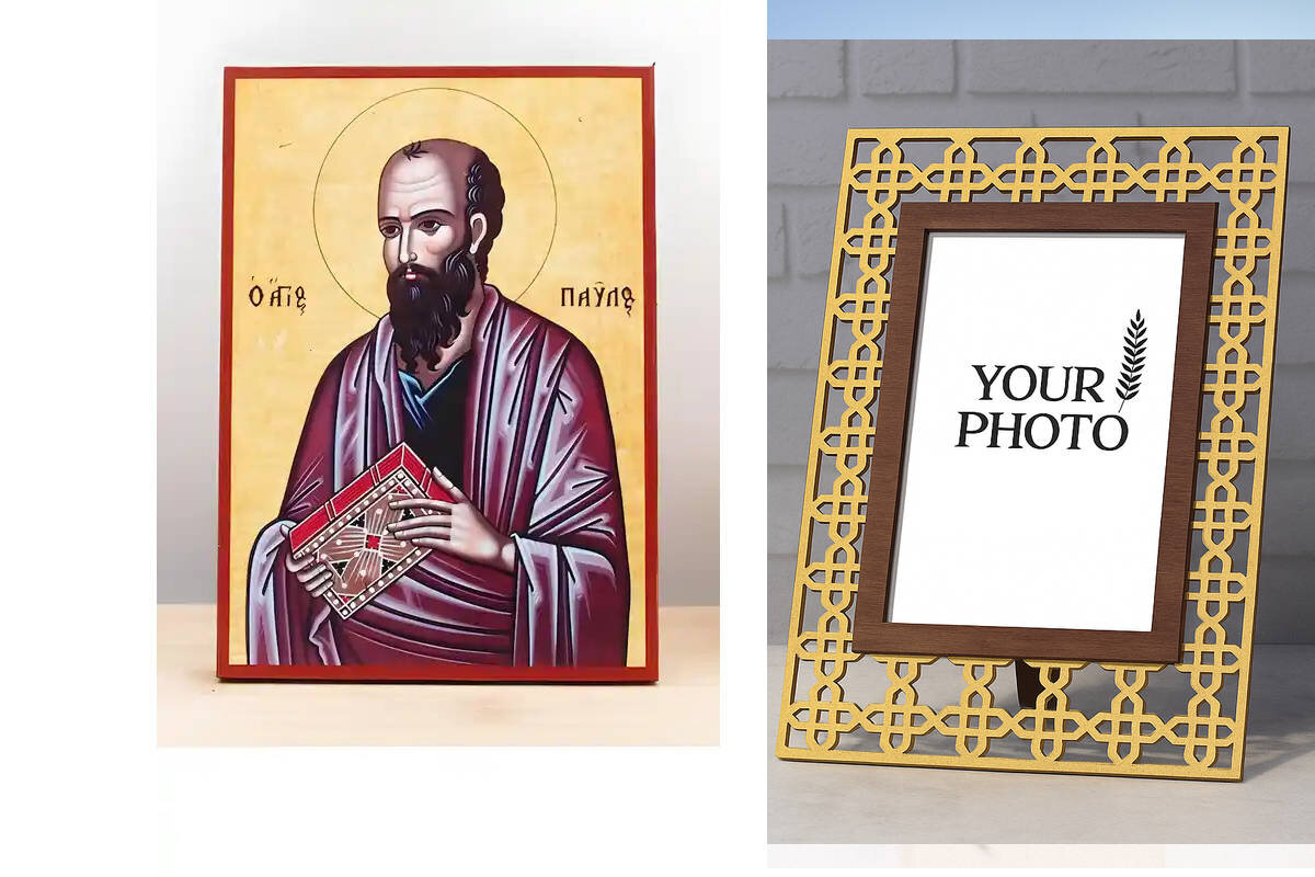 Σετ 2 τεμαχίων – Εικόνα Ορθοδοξίας Πολυτελείας  με  σχεδιο Σταυρούς μαζι με  Βάση σε  8 χρώματα με περίγραμμα χρυσό σε ξύλο Plywood (Πλακάζ)   με  βάση Άγιος Απόστολος Παύλος, Ξύλινη Χειροποίητη Εικόνα Ελληνικής Premium Βυζαντινού Στυλ Κρεμαστή σε ξύλινη