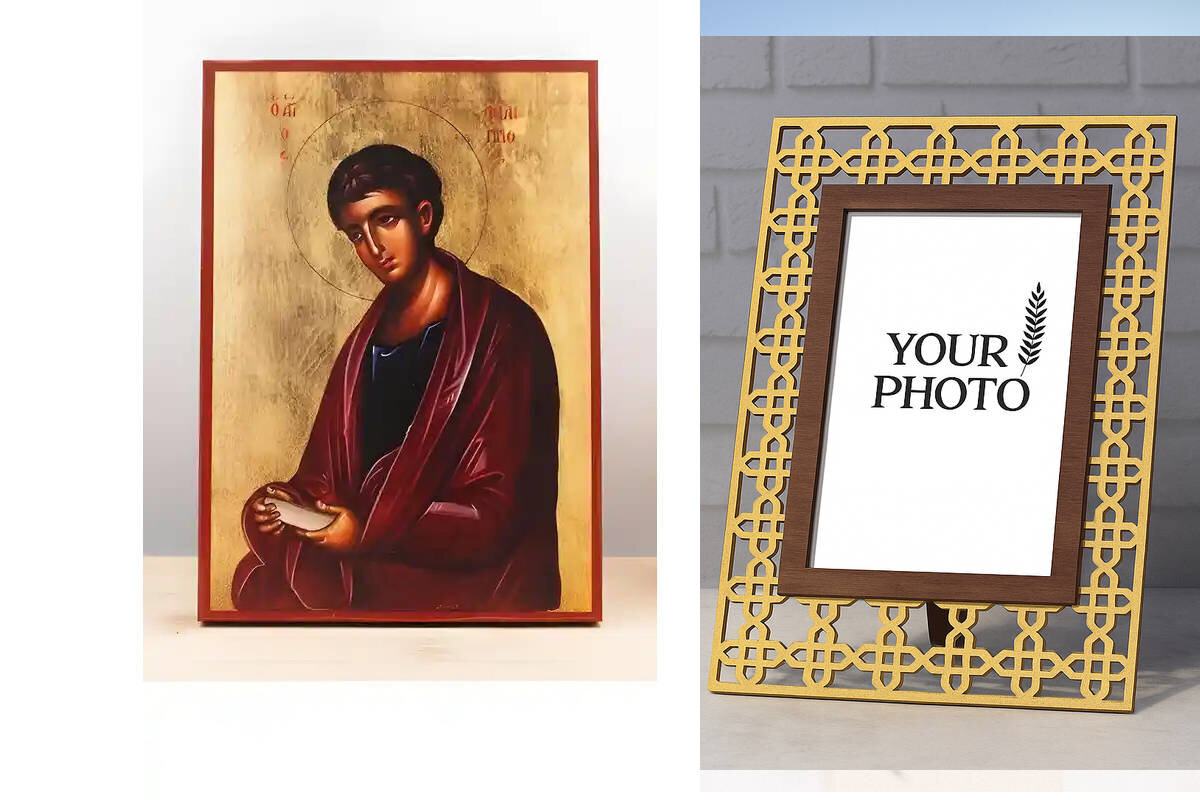 Εικόνα Ορθοδοξίας Πολυτελείας  με  σχεδιο Σταυρούς μαζι με  Βάση σε  8 χρώματα με περίγραμμα χρυσό σε ξύλο Plywood (Πλακάζ)   με  βάση Άγιος Απόστολος Φίλιππος, Ξύλινη Χειροποίητη Εικόνα Ελληνικού Premium Βυζαντινού Στυλ Κρεμαστή σε ξύλινη πλάκα Θρησκευτι