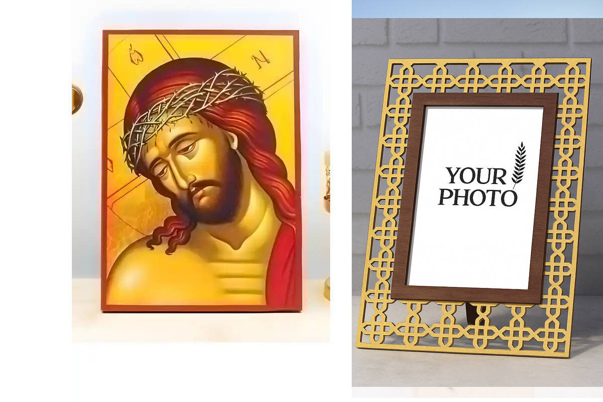 Εικόνα Ορθοδοξίας Πολυτελείας  με  σχεδιο Σταυρούς μαζι με  Βάση σε  8 χρώματα με περίγραμμα χρυσό σε ξύλο Plywood (Πλακάζ)   με  βάση Πορτρέτο του Ιησού Χριστού ο Νυμφίος, Ξύλινη Χειροποίητη Εικόνα Ελληνικού Premium Βυζαντινού Στυλ Κρεμασμένο σε ξύλινη π