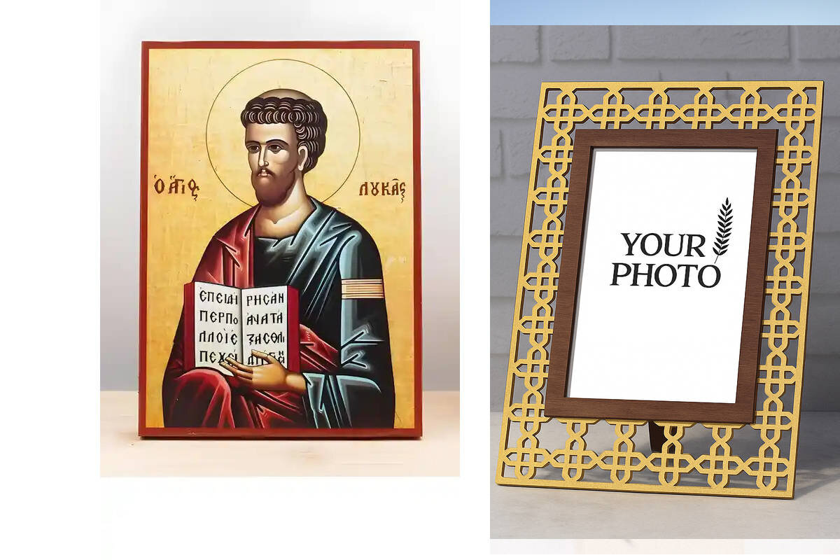 Εικόνα Ορθοδοξίας Πολυτελείας  με  σχεδιο Σταυρούς μαζι με  Βάση σε  8 χρώματα με περίγραμμα χρυσό σε ξύλο Plywood (Πλακάζ)   με  βάση Άγιος Απόστολος Λουκάς, Ξύλινη Χειροποίητη Εικόνα Ελληνικού Premium Βυζαντινού Στυλ Κρεμαστή σε ξύλινη πλάκα Θρησκευτικό