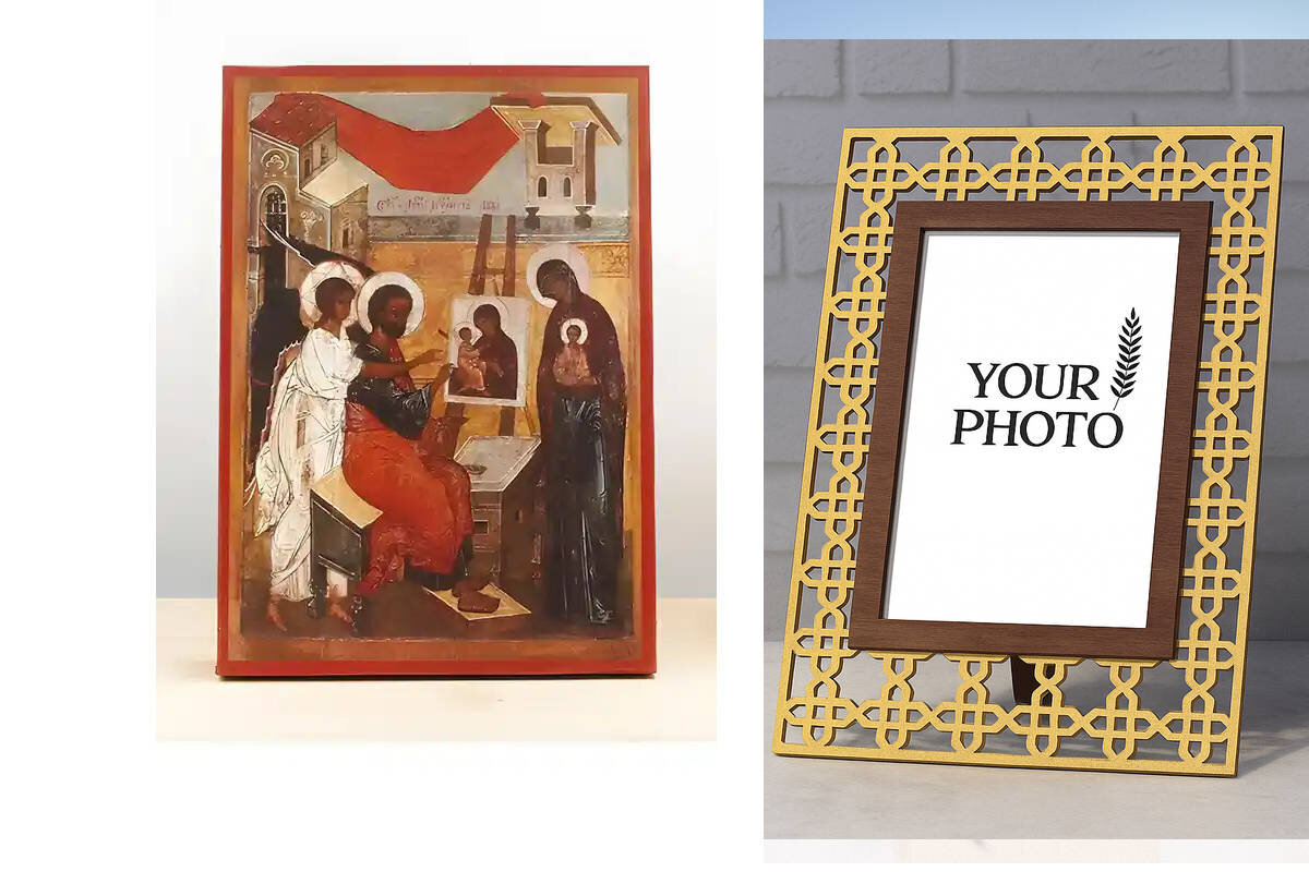 Εικόνα Ορθοδοξίας Πολυτελείας  με  σχεδιο Σταυρούς μαζι με  Βάση σε  8 χρώματα με περίγραμμα χρυσό σε ξύλο Plywood (Πλακάζ)   με  βάση Τοιχογραφία του Αγίου Αποστόλου Λουκά, Ξύλινη Χειροποίητη Εικόνα Ελληνικού Premium Βυζαντινού Στυλ Κρεμασμένο σε ξύλινη