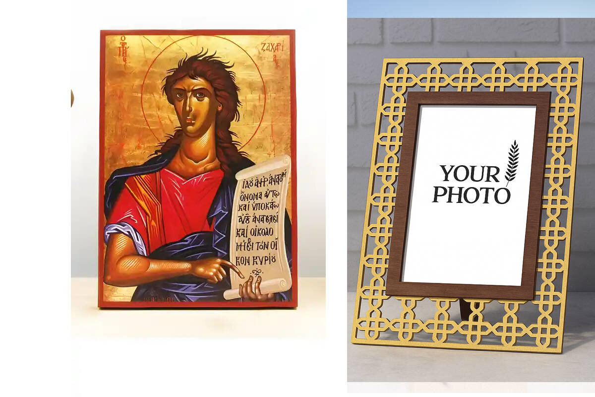 Εικόνα Ορθοδοξίας Πολυτελείας  με  σχεδιο Σταυρούς μαζι με  Βάση σε  8 χρώματα με περίγραμμα χρυσό σε ξύλο Plywood (Πλακάζ)   με  βάση Άγιος Προφήτης Ζαχαρίας, Ξύλινη Χειροποίητη Εικόνα Ελληνικού Premium Βυζαντινού Στυλ Κρεμαστή σε ξύλινη πλάκα Θρησκευτικ