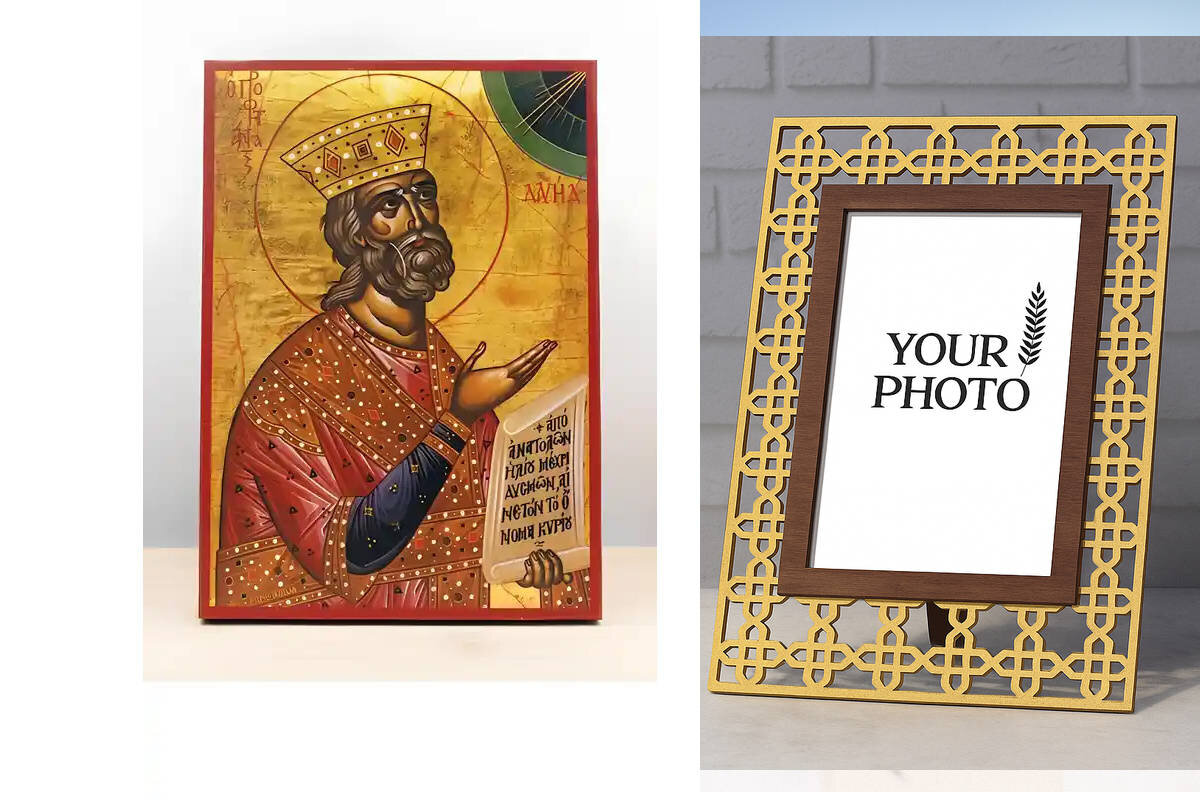 Σετ 2 τεμαχίων – Εικόνα Ορθοδοξίας Πολυτελείας  με  σχεδιο Σταυρούς μαζι με  Βάση σε  8 χρώματα με περίγραμμα χρυσό σε ξύλο Plywood (Πλακάζ)   με  βάση Άγιος Προφήτης Δαυίδ, Ξύλινη Χειροποίητη Εικόνα Ελληνικού Premium Βυζαντινού Στυλ Κρεμαστή σε ξύλινη πλ