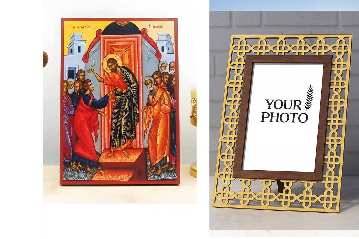 Εικόνα Ορθοδοξίας Πολυτελείας  με  σχεδιο Σταυρούς μαζι με  Βάση σε  8 χρώματα με περίγραμμα χρυσό σε ξύλο Plywood (Πλακάζ)   με  βάση The Incredulity of Saint Thomas, Ξύλινη Χειροποίητη Εικόνα Ελληνικού Premium Βυζαντινού Στυλ Κρεμασμένο σε ξύλινη πλάκα