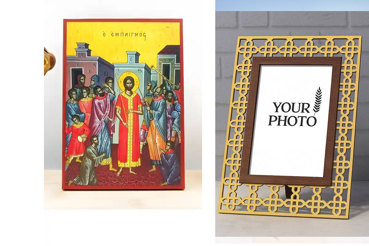 Εικόνα Ορθοδοξίας Πολυτελείας  με  σχεδιο Σταυρούς μαζι με  Βάση σε  8 χρώματα με περίγραμμα χρυσό σε ξύλο Plywood (Πλακάζ)   με  βάση Η κοροϊδία του Ιησού Χριστού, Ξύλινη Χειροποίητη Εικόνα Ελληνικού Premium Βυζαντινού Στυλ Κρεμασμένο σε ξύλινη πλάκα Ορθ