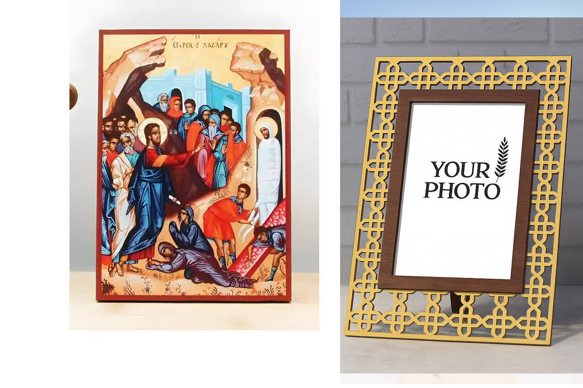 Εικόνα Ορθοδοξίας Πολυτελείας  με  σχεδιο Σταυρούς μαζι με  Βάση σε  8 χρώματα με περίγραμμα χρυσό σε ξύλο Plywood (Πλακάζ)   με  βάση Ο Ιησούς Χριστός Ανάσταση του Λαζάρου, Ξύλινη Χειροποίητη Εικόνα Ελληνικής Premium Βυζαντινού Στυλ τοίχου Κρεμασμένη σε