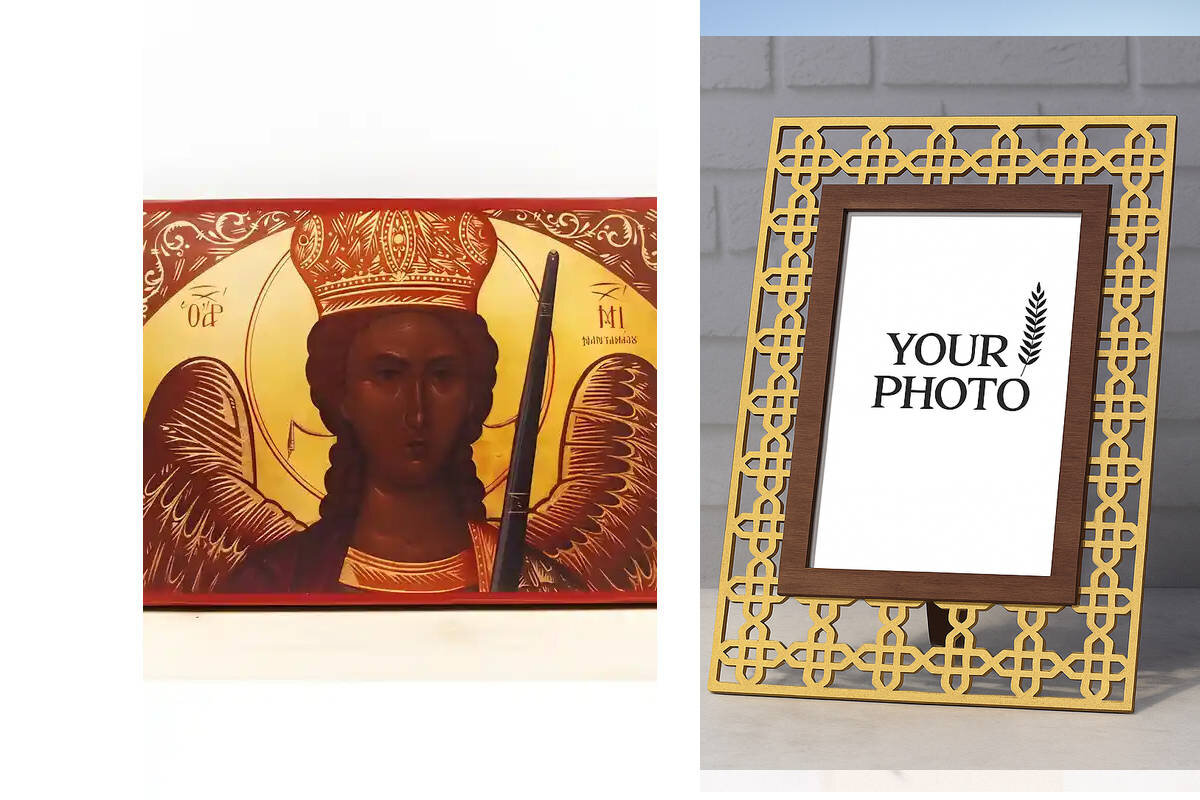 Εικόνα Ορθοδοξίας Πολυτελείας  με  σχεδιο Σταυρούς μαζι με  Βάση σε  8 χρώματα με περίγραμμα χρυσό σε ξύλο Plywood (Πλακάζ)   με  βάση Αρχάγγελος Μιχαήλ του Μανταμαδόνα, Ξύλινη Χειροποίητη Εικόνα Ελληνικού Premium Βυζαντινού Στυλ Κρεμασμένο σε ξύλινη πλάκ