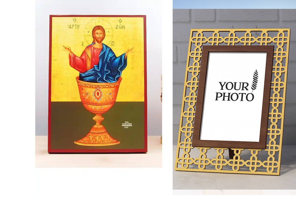 Εικόνα Ορθοδοξίας Πολυτελείας  με  σχεδιο Σταυρούς μαζι με  Βάση σε  8 χρώματα με περίγραμμα χρυσό σε ξύλο Plywood (Πλακάζ)   με  βάση Ο Ιησούς Χριστός Ευλογεί το Ζωντανό Ψωμί, Ξύλινη Χειροποίητη Εικόνα Ελληνικού Premium Βυζαντινού Στυλ Κρεμασμένο σε ξύλι