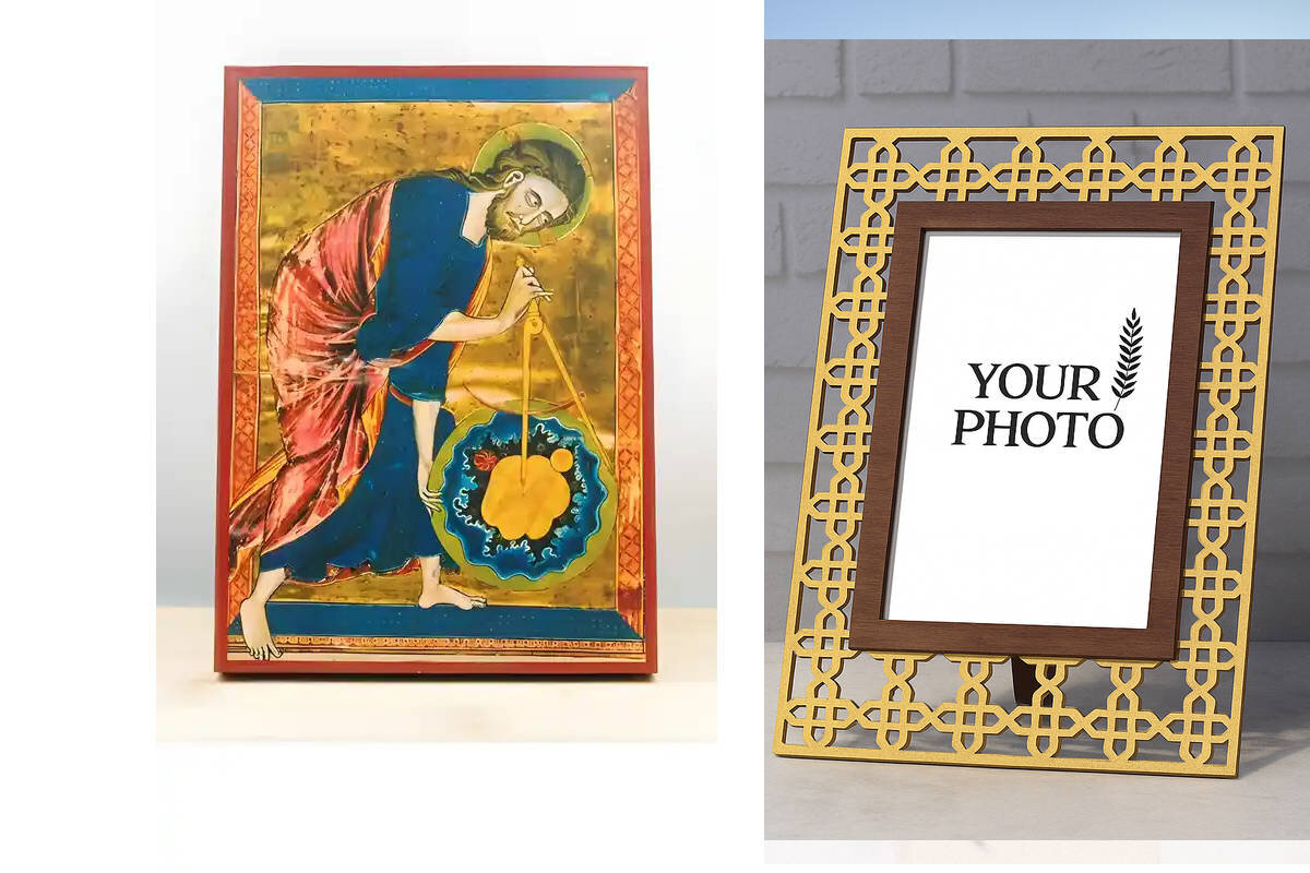 Εικόνα Ορθοδοξίας Πολυτελείας  με  σχεδιο Σταυρούς μαζι με  Βάση σε  8 χρώματα με περίγραμμα χρυσό σε ξύλο Plywood (Πλακάζ)   με  βάση Ο Ιησούς Χριστός ο Μέγας Αρχιτέκτονας του Σύμπαντος, Ξύλινη Χειροποίητη Εικόνα Ελληνικού Premium Βυζαντινού Στυλ τοίχου