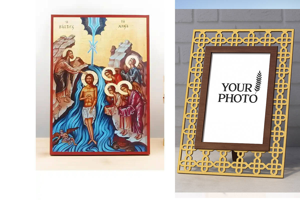 Εικόνα Ορθοδοξίας Πολυτελείας  με  σχεδιο Σταυρούς μαζι με  Βάση σε  8 χρώματα με περίγραμμα χρυσό σε ξύλο Plywood (Πλακάζ)   με  βάση Η Βάπτιση του Ιησού Χριστού, Ξύλινη Χειροποίητη Εικόνα Ελληνικού Premium Βυζαντινού Στυλ Κρεμασμένο σε ξύλινη πλάκα Ορθό