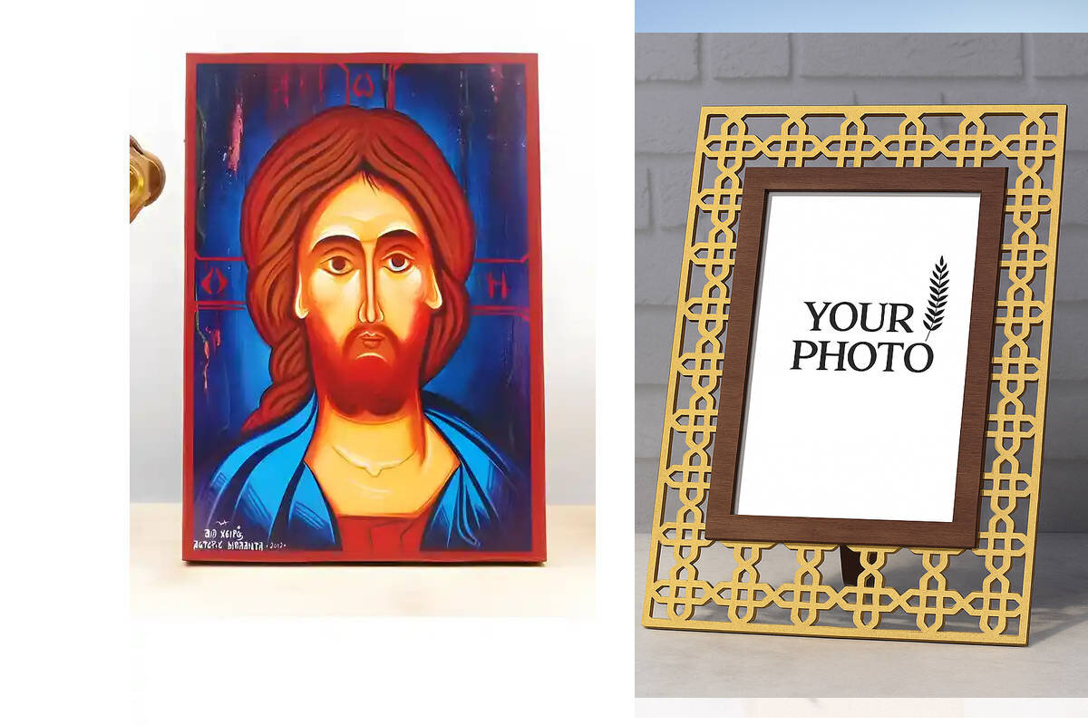 Εικόνα Ορθοδοξίας Πολυτελείας  με  σχεδιο Σταυρούς μαζι με  Βάση σε  8 χρώματα με περίγραμμα χρυσό σε ξύλο Plywood (Πλακάζ)   με  βάση Πορτραίτο Ηλικιωμένου Ιησού Χριστού, Ξύλινη Χειροποίητη Εικόνα Ελληνικού Premium Βυζαντινού Στυλ Κρεμασμένο σε ξύλινη πλ