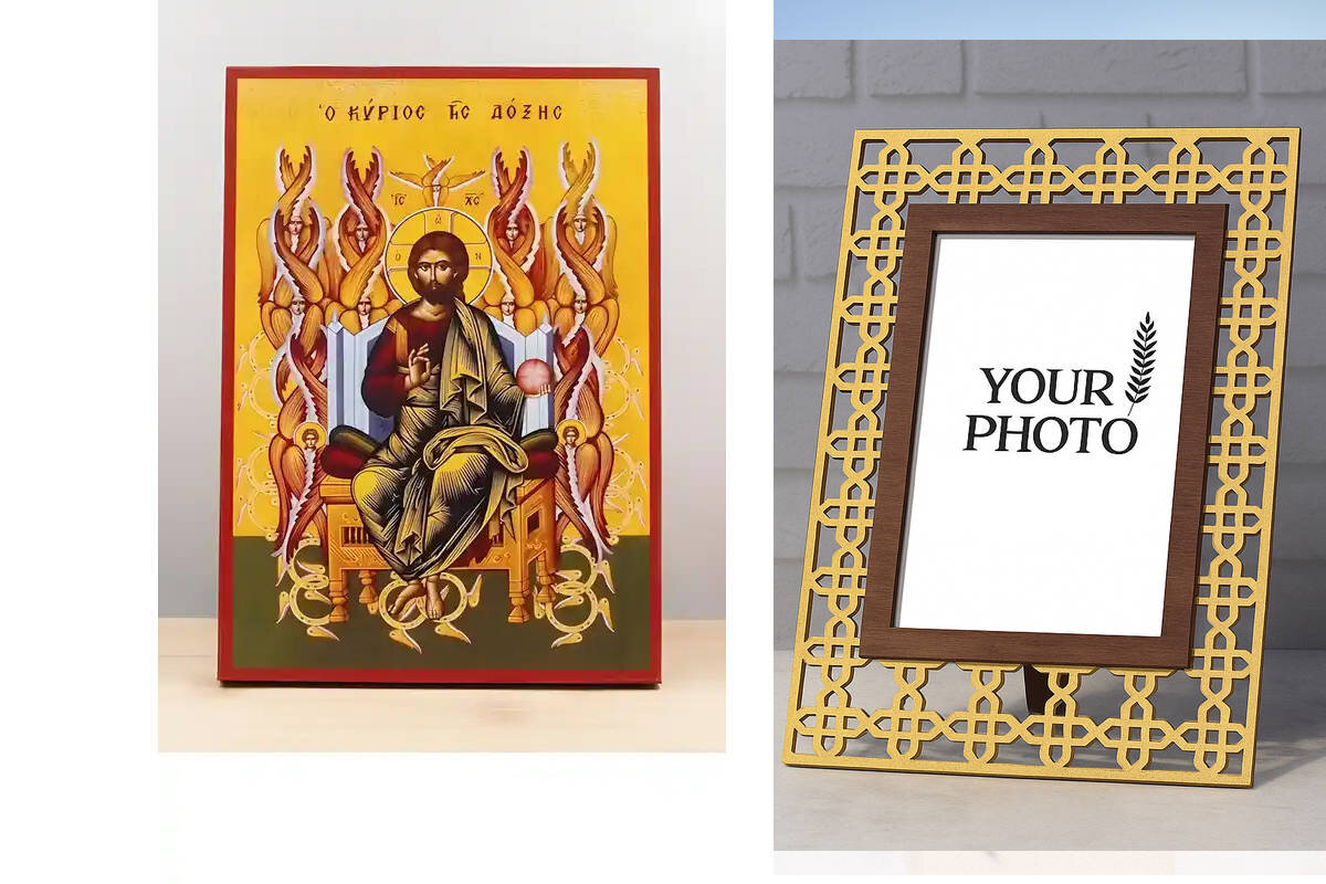 Εικόνα Ορθοδοξίας Πολυτελείας  με  σχεδιο Σταυρούς μαζι με  Βάση σε  8 χρώματα με περίγραμμα χρυσό σε ξύλο Plywood (Πλακάζ)   με  βάση Ιησούς Χριστός, Βασιλιάς της Δόξας, Ξύλινη Χειροποίητη Εικόνα Ελληνικού Premium Βυζαντινού Στυλ Κρεμασμένο σε ξύλινη πλά