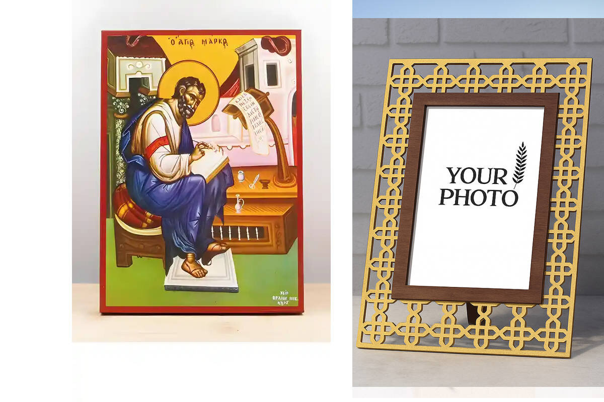 Εικόνα Ορθοδοξίας Πολυτελείας  με  σχεδιο Σταυρούς μαζι με  Βάση σε  8 χρώματα με περίγραμμα χρυσό σε ξύλο Plywood (Πλακάζ)   με  βάση Απόστολος Μάρκος ο Ευαγγελιστής Χειρόγραφο, Ξύλινη Χειροποίητη Εικόνα Ελληνικού Βυζαντινού Στυλ Κρεμαστό τοίχο σε ξύλινη