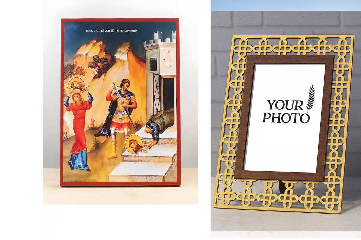 Εικόνα Ορθοδοξίας Πολυτελείας  με  σχεδιο Σταυρούς μαζι με  Βάση σε  8 χρώματα με περίγραμμα χρυσό σε ξύλο Plywood (Πλακάζ)   με  βάση Ο αποκεφαλισμός του Αγίου Ιωάννη του Βαπτιστή, Ξύλινη Χειροποίητη Εικόνα Ελληνικού Premium Βυζαντινού Στυλ Κρεμασμένο σε