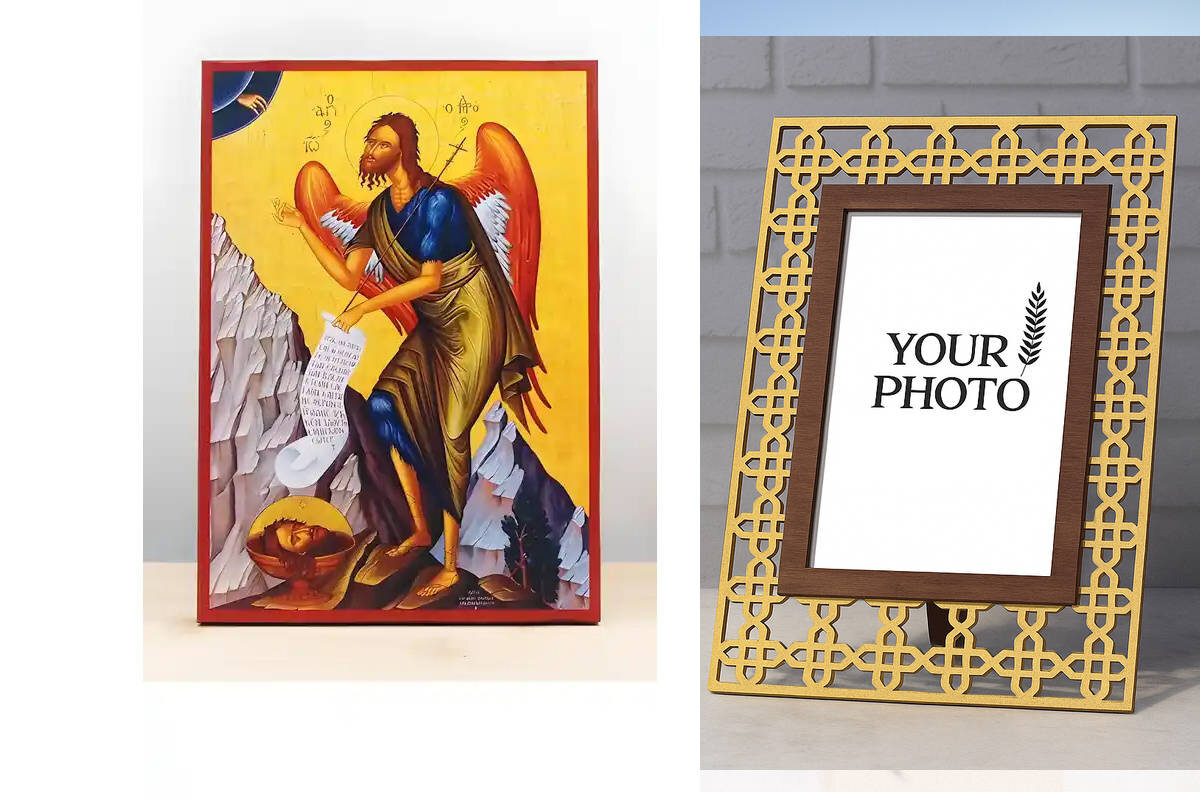 Εικόνα Ορθοδοξίας Πολυτελείας  με  σχεδιο Σταυρούς μαζι με  Βάση σε  8 χρώματα με περίγραμμα χρυσό σε ξύλο Plywood (Πλακάζ)   με  βάση Άγιος Ιωάννης ο Βαπτιστής Άγγελος της Ερήμου στο Βουνό, Ξύλινη Χειροποίητη Εικόνα Ελληνικού Βυζαντινού Στυλ σε τοίχο Κρε