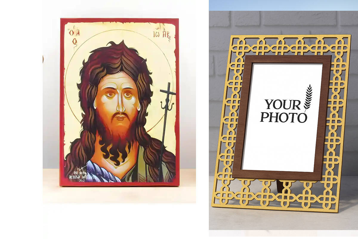 Εικόνα Ορθοδοξίας Πολυτελείας  με  σχεδιο Σταυρούς μαζι με  Βάση σε  8 χρώματα με περίγραμμα χρυσό σε ξύλο Plywood (Πλακάζ)   με  βάση Πορτρέτο του Αγίου Ιωάννη του Βαπτιστή "ο Πρόδρομος", WΞύλινη Χειροποίητη Εικόνα Ελληνικής Premium Βυζαντινού Στυλ τοίχο