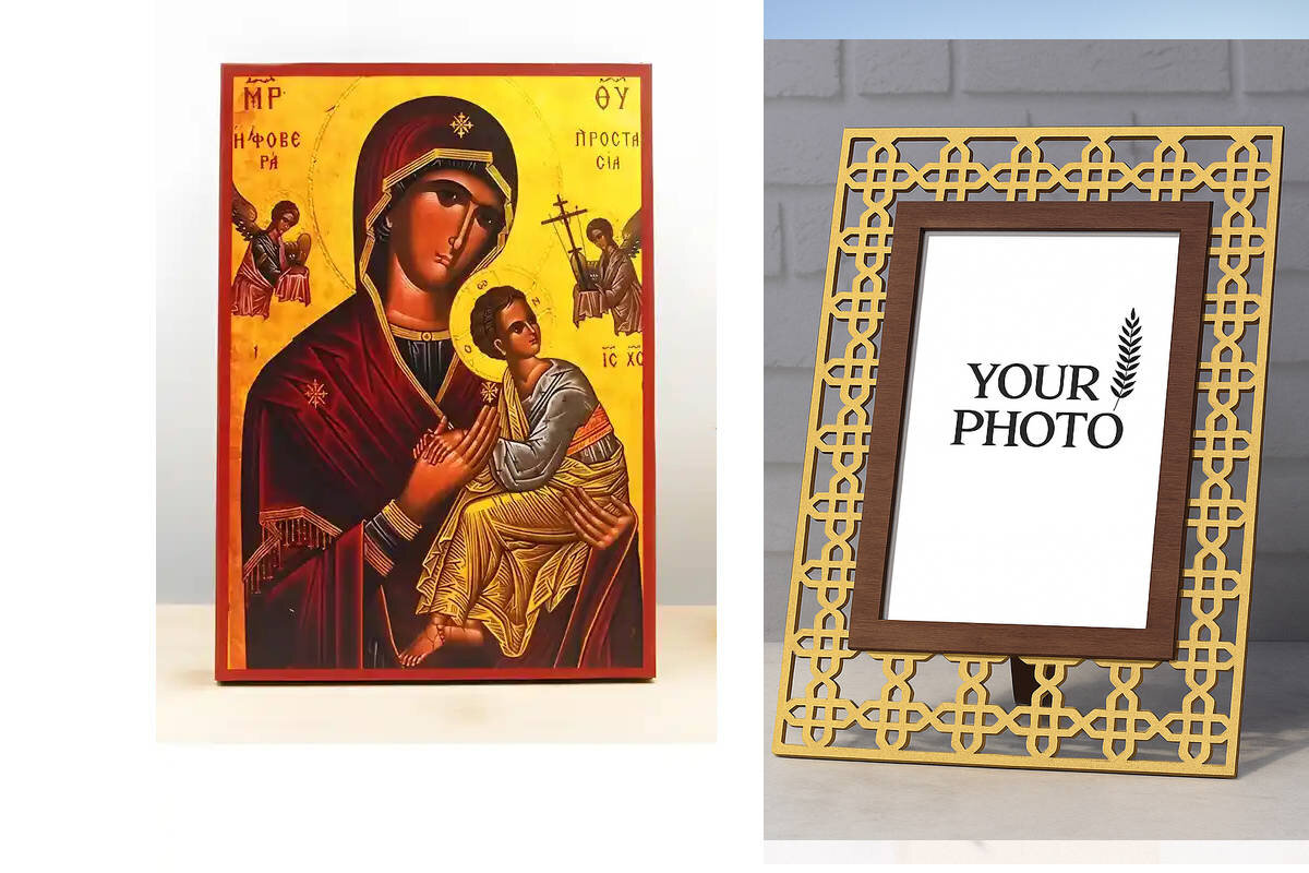 Εικόνα Ορθοδοξίας Πολυτελείας  με  σχεδιο Σταυρούς μαζι με  Βάση σε  8 χρώματα με περίγραμμα χρυσό σε ξύλο Plywood (Πλακάζ)   με  βάση Παναγία Φοβερά Προστασία «Φοβέρα Προστάσια», Ξύλινη Χειροποίητη Εικόνα Ελληνικής Premium Βυζαντινού Στυλ Κρεμαστή σε ξύλ