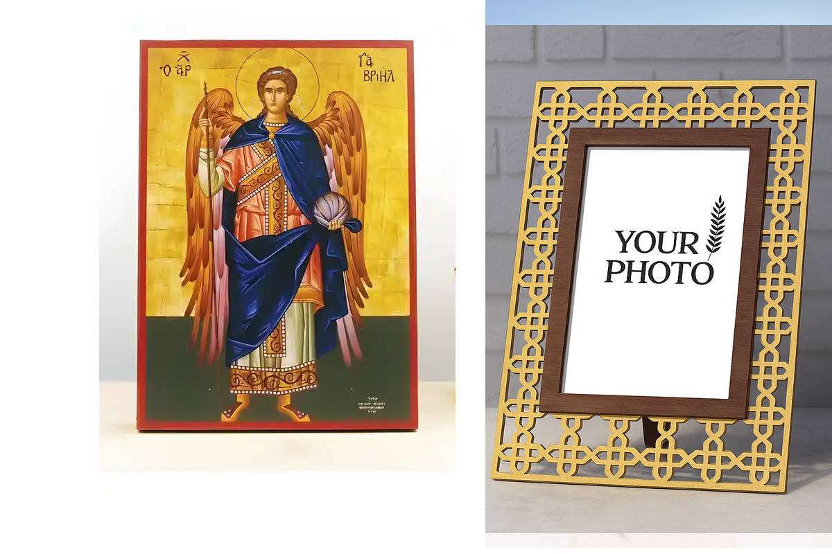 Εικόνα Ορθοδοξίας Πολυτελείας  με  σχεδιο Σταυρούς μαζι με  Βάση σε  8 χρώματα με περίγραμμα χρυσό σε ξύλο Plywood (Πλακάζ)   με  βάση Αρχάγγελος Γαβριήλ Ολόσωμο, Ξύλινη Χειροποίητη Εικόνα Ελληνικού Premium Βυζαντινού Στυλ Κρεμασμένο σε ξύλινη πλάκα Θρησκ