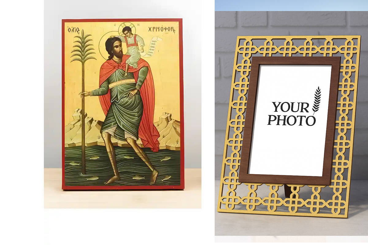 Σετ 2 τεμαχίων – Εικόνα Ορθοδοξίας Πολυτελείας  με  σχεδιο Σταυρούς μαζι με  Βάση σε  8 χρώματα με περίγραμμα χρυσό σε ξύλο Plywood (Πλακάζ)   με  βάση Άγιος Χριστόφορος με τον Ιησού Χριστό, Ξύλινη Χειροποίητη Εικόνα Ελληνικού Premium Βυζαντινού Στυλ Κρεμ