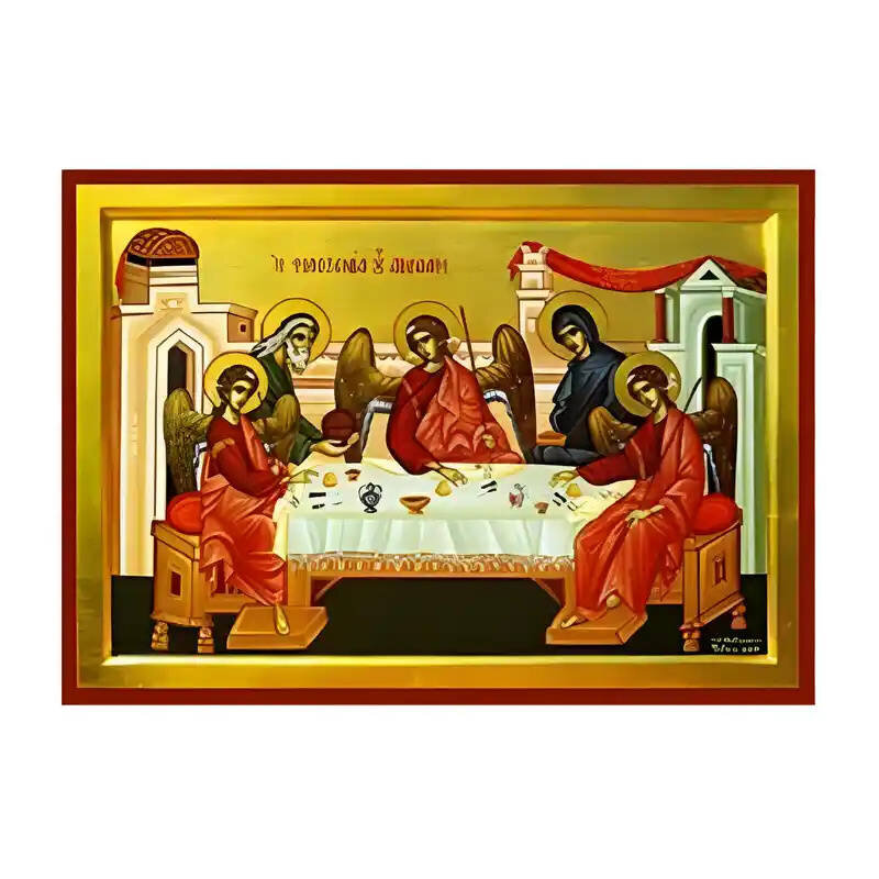 Σετ των 2 Εικόνα Ορθοδοξίας με περίγραμμα χρυσό σε ξύλο Φλαμουρίας  με  βάση Εικόνα Φιλοξενία του Αβραάμ Χειροποίητη Ελληνορθόδοξη , Κρεμαστή πλάκα βυζαντινής τέχνης, χριστιανική τέχνη Διάσταση 10x7 cm (3,9 x 2,8 ίντσες) INTRAEK-670916