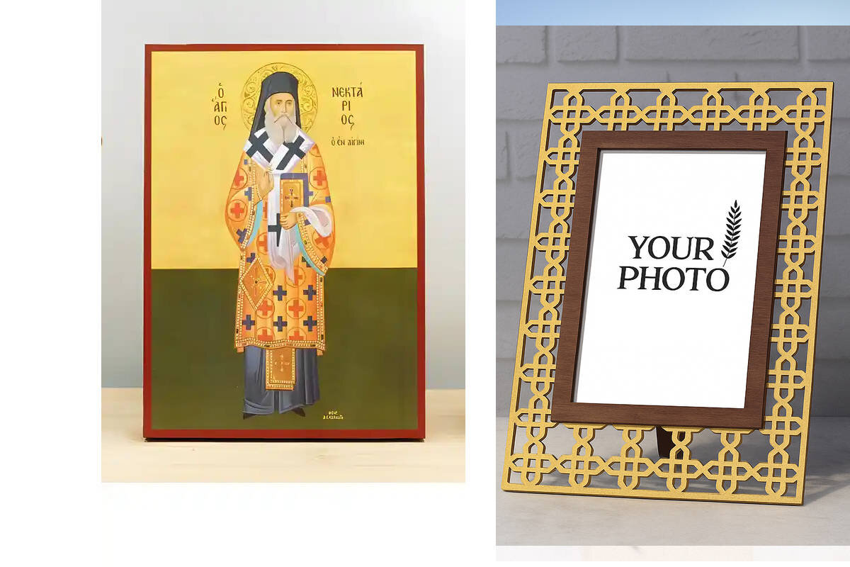 Σετ 2 τεμαχίων – Εικόνα Ορθοδοξίας Πολυτελείας  με  σχεδιο Σταυρούς μαζι με  Βάση σε  8 χρώματα με περίγραμμα χρυσό σε ξύλο Plywood (Πλακάζ)   με  βάση Άγιος Νεκτάριος Μητροπολίτης Πενταπόλεως και Θαυματουργός Αίγινας Fullboby, Ξύλινη Χειροποίητη Εικόνα Ε