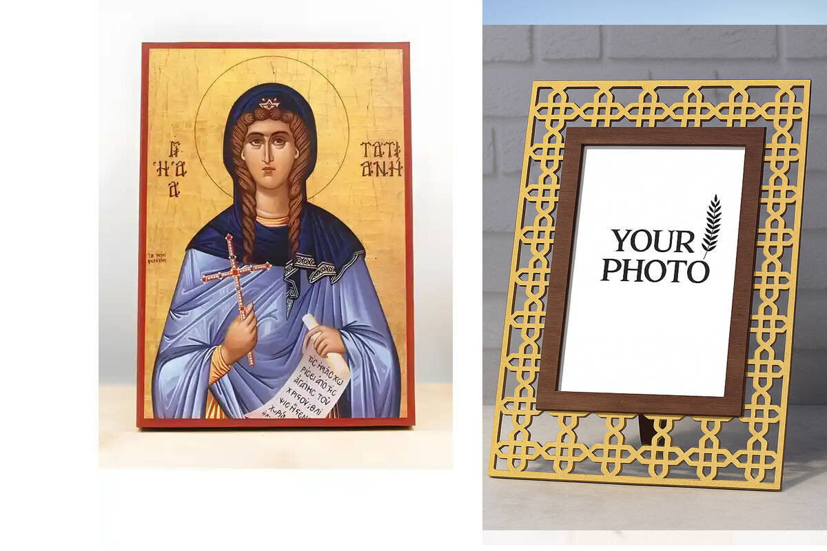 Σετ 2 τεμαχίων – Εικόνα Ορθοδοξίας Πολυτελείας  με  σχεδιο Σταυρούς μαζι με  Βάση σε  8 χρώματα με περίγραμμα χρυσό σε ξύλο Plywood (Πλακάζ)   με  βάση Αγία Τατιάνα της Ρώμης, Ξύλινη Χειροποίητη Εικόνα Ελληνικού Premium Βυζαντινού Στυλ Κρεμασμένη σε ξύλιν