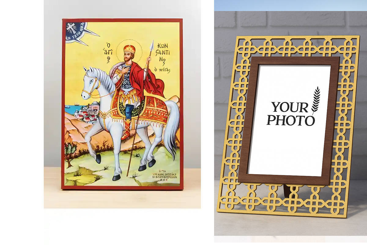 Σετ 2 τεμαχίων – Εικόνα Ορθοδοξίας Πολυτελείας  με  σχεδιο Σταυρούς μαζι με  Βάση σε  8 χρώματα με περίγραμμα χρυσό σε ξύλο Plywood (Πλακάζ)   με  βάση Ο Άγιος Κωνσταντίνος ο Μέγας έφιππος, Ξύλινη Χειροποίητη Εικόνα Ελληνικής Premium Βυζαντινού Στυλ Κρεμα