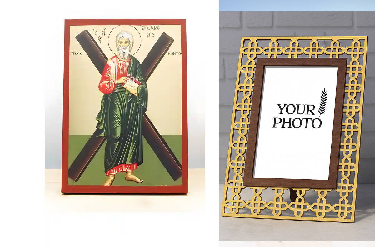 Σετ 2 τεμαχίων – Εικόνα Ορθοδοξίας Πολυτελείας  με  σχεδιο Σταυρούς μαζι με  Βάση σε  8 χρώματα με περίγραμμα χρυσό σε ξύλο Plywood (Πλακάζ)   με  βάση Άγιος Απόστολος Ανδρέας ο Πρωτόκλητος, Ξύλινη Χειροποίητη Εικόνα με Ψηφιακή Εκτύπωση Ελληνικό Premium Β