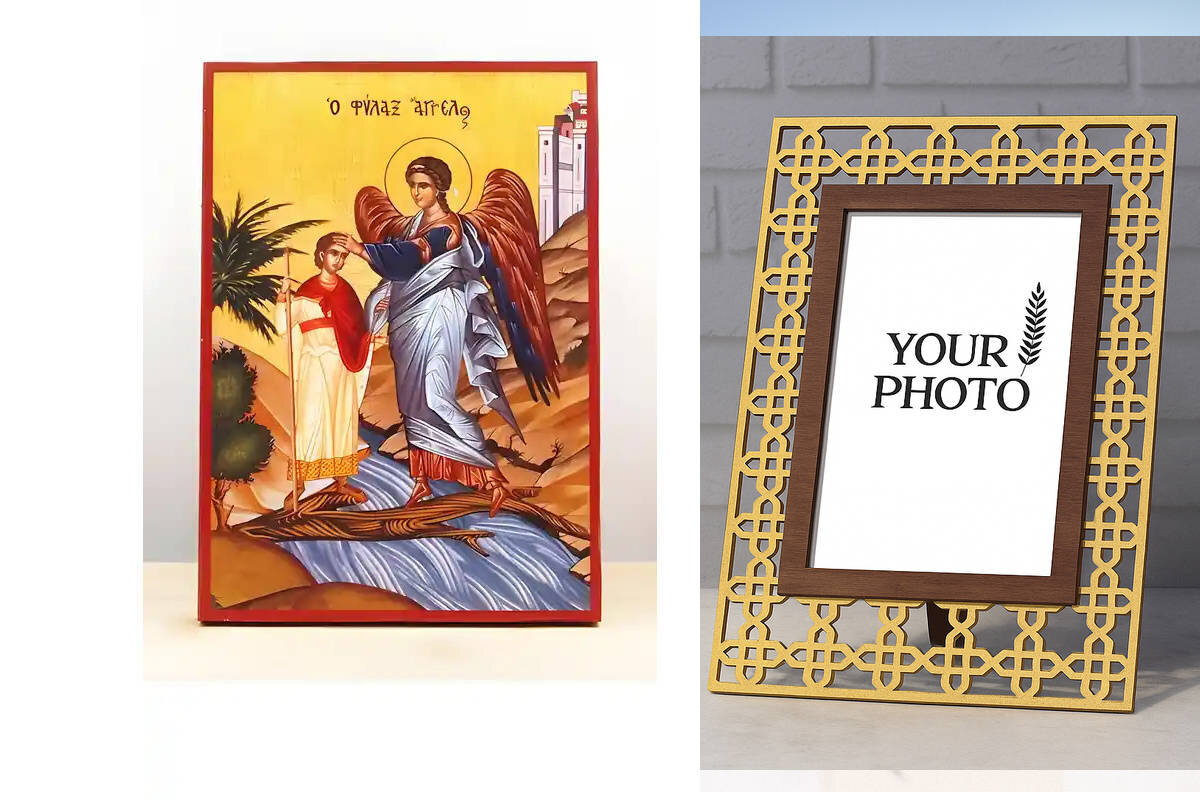 Σετ 2 τεμαχίων – Εικόνα Ορθοδοξίας Πολυτελείας  με  σχεδιο Σταυρούς μαζι με  Βάση σε  8 χρώματα με περίγραμμα χρυσό σε ξύλο Plywood (Πλακάζ)   με  βάση Φύλακας Άγγελος, Ξύλινη Χειροποίητη Εικόνα Ελληνικού Premium Βυζαντινού Στυλ Κρεμασμένο σε ξύλινη πλάκα