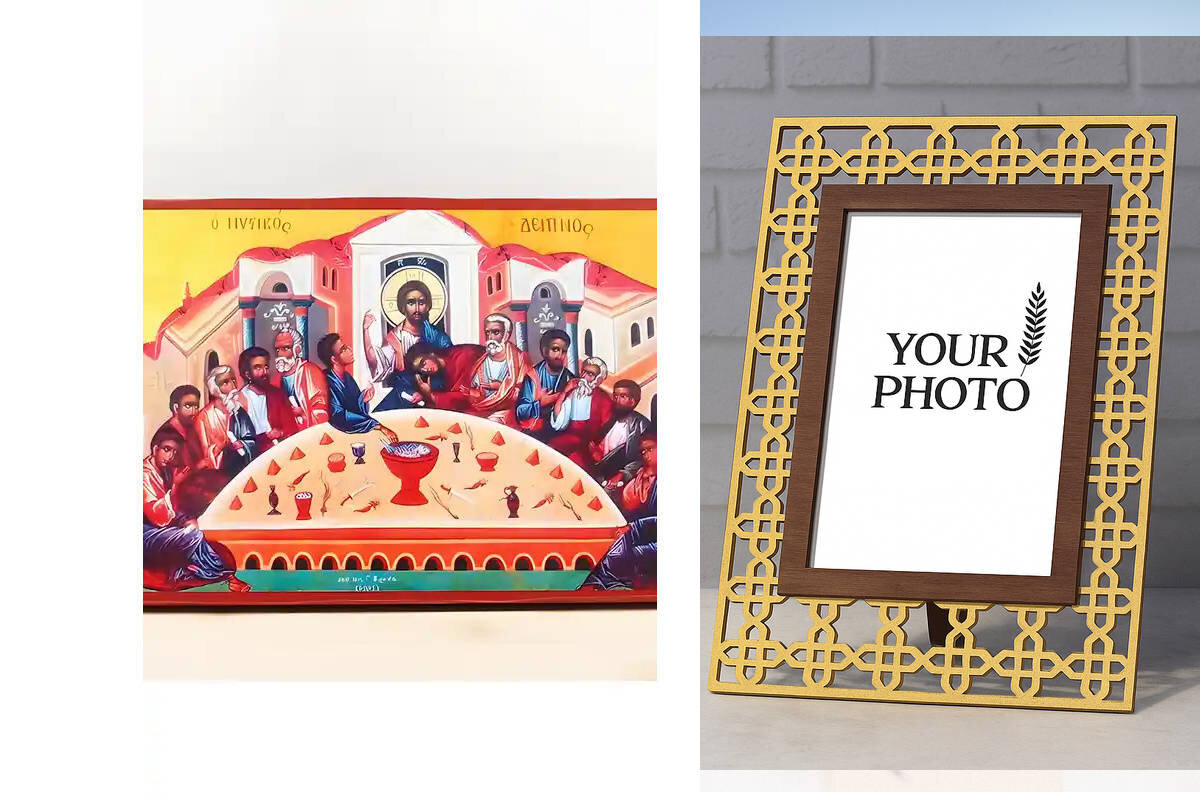 Σετ 2 τεμαχίων – Εικόνα Ορθοδοξίας Πολυτελείας  με  σχεδιο Σταυρούς μαζι με  Βάση σε  8 χρώματα με περίγραμμα χρυσό σε ξύλο Plywood (Πλακάζ)   με  βάση Ο Μυστικός Δείπνος, Ξύλινη Χειροποίητη Εικόνα Ελληνικού Premium Βυζαντινού Στυλ Κρεμασμένο σε ξύλινη πλ