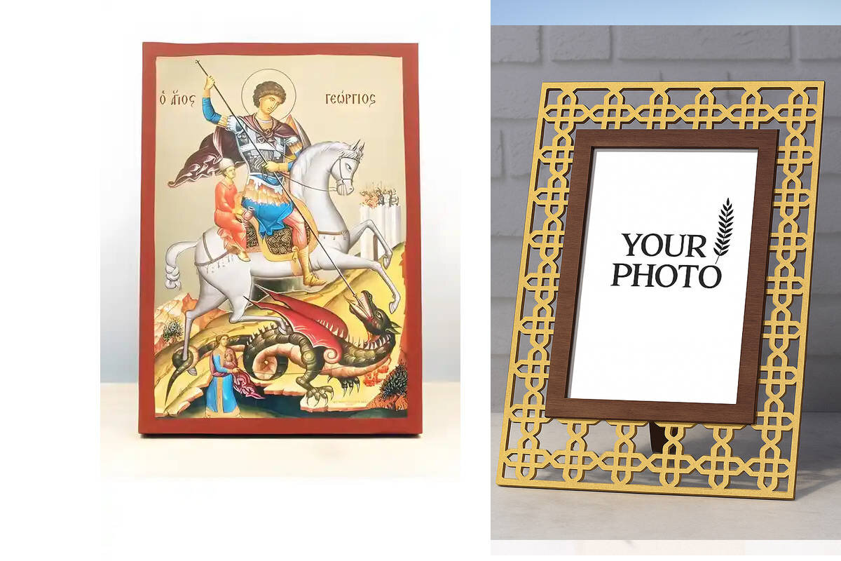 Σετ 2 τεμαχίων – Εικόνα Ορθοδοξίας Πολυτελείας  με  σχεδιο Σταυρούς μαζι με  Βάση σε  8 χρώματα με περίγραμμα χρυσό σε ξύλο Plywood (Πλακάζ)   με  βάση Άγιος Γεώργιος της Λύδας, Ξύλινη Χειροποίητη Εικόνα με Ψηφιακή Εκτύπωση Ελληνικό Premium Βυζαντινού Στυ